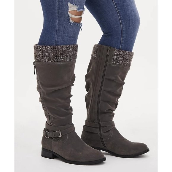 Torrid Shoes - Torrid Grey Wide Calf Faux Suede Sweater Trimmed Knee High Boots Grey Womens 8.5